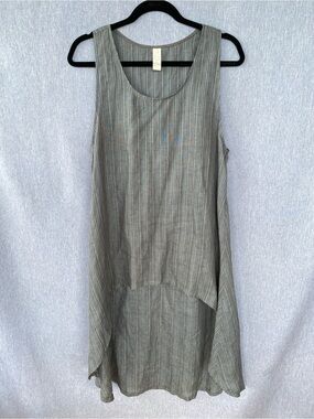 Chalet | 100% Linen Tunic Dress | High-Low Hem | Olive & Mocha Stripe - Size S
